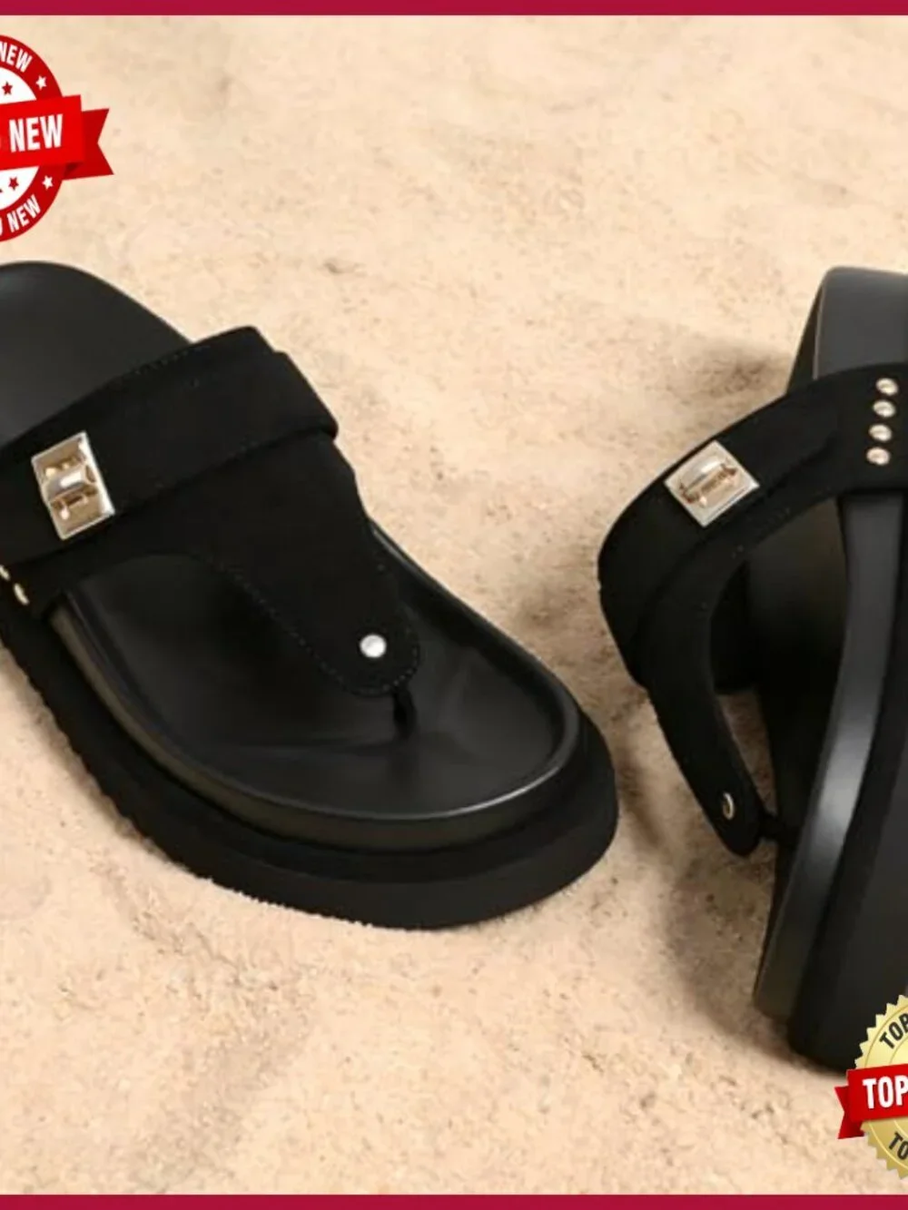 Suede Platform Flip Flops with Buckle Studded Clip Toe Arch Support